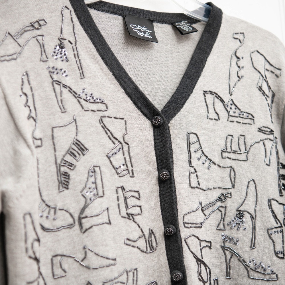 Vintage Cardigan Sweater Sz M Beaded Shoes Embellished Buttons Quirky GrannyCore